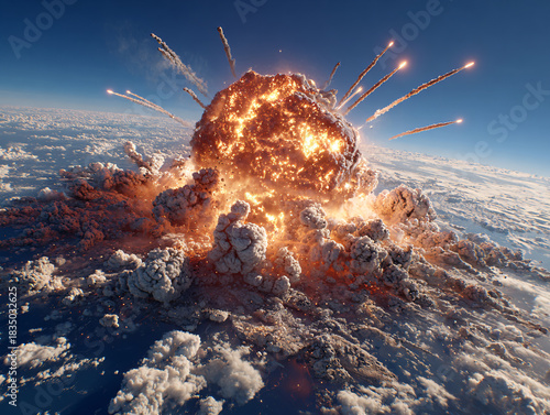 a massive explosion in the sky, surrounded by clouds. The explosion emits bright orange flames and fragments, creating a dramatic and powerful visual effect.