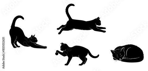  black cat silhouettes depicting various feline activities and poses, including playing, stretching, jumping, and sleeping