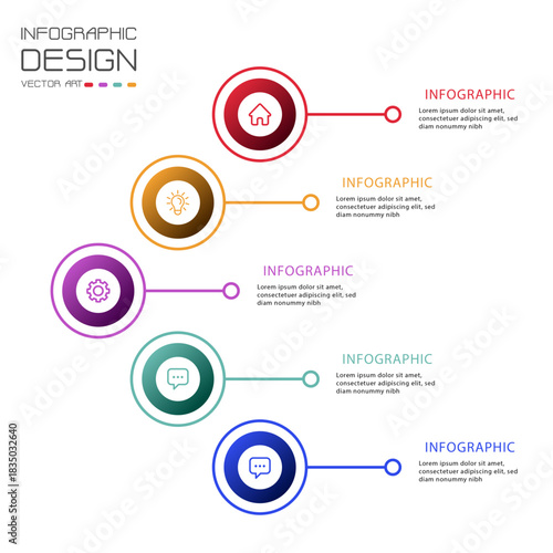 Infographic design for business presentations. Vertical timeline with five steps to visualize data. Use for workflow, process diagram, and project management.