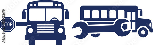 Blue school bus with stop sign and wrench silhouette vector illustration transportation vehicle