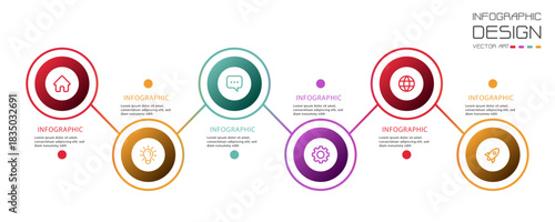 Infographic design for business presentations. Horizontal layout with six steps to visualize data. Use for workflow, process diagram, and project management.