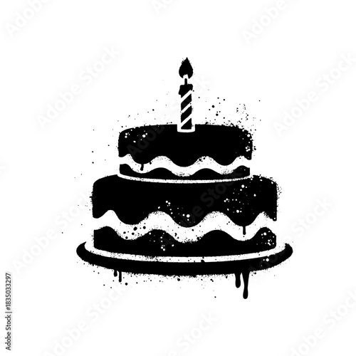 Illustration of a birthday cake with black graffiti here