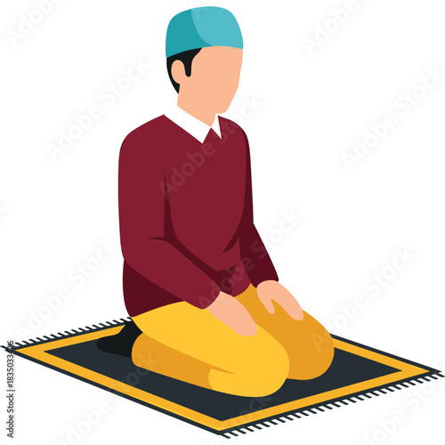 Muslim Man in Maroon Sweater Yellow Pants and Blue Kufi Prayer Cap Kneeling on Islamic Prayer Mat in Dark Room
