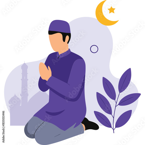 Muslim Man In Traditional Blue Kurta And Cap Kneeling In Prayer With Crescent Moon And Star Above Mosque Silhouette And Abstract Purple Shapes And Plant Silhouette