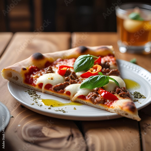 A slice of crispy pizza with meat and cheese