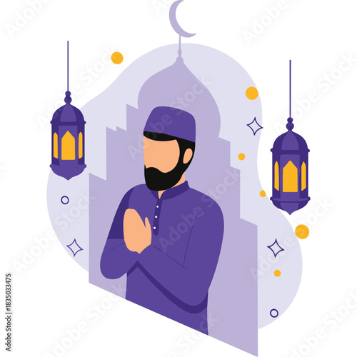 Muslim Man Praying During Ramadan Wearing Traditional Purple Cap and Kurta With Decorative Lanterns and Crescent Moon Illustration Background