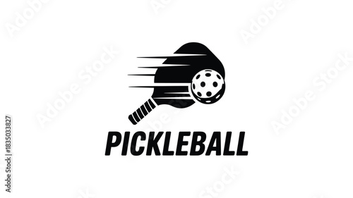 Dynamic silhouette of a pickleball paddle and ball in motion with speed lines