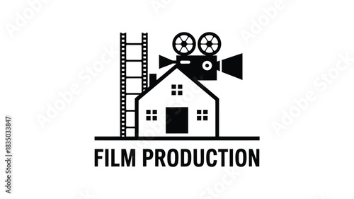 Creative house shaped film production studio with vintage camera and film reel logo