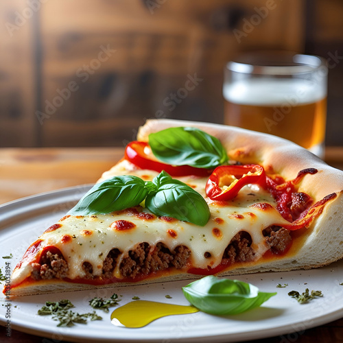 A slice of crispy pizza with meat and cheese