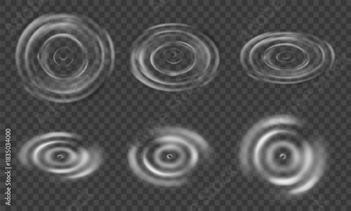 Splash water ripple with circular wave effect and concentric ring on liquid surface. Transparent drop impact in round motion for pool or cosmetic background. White 3d graphic vector isolated top view