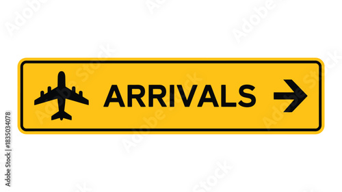 Yellow airport sign with an airplane icon and the word arrivals pointing to the right
