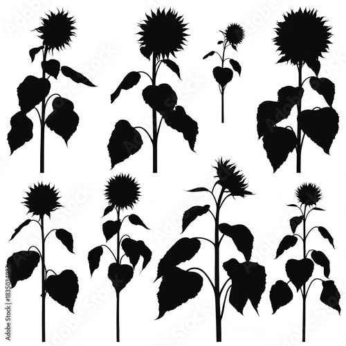 Silhouette of sunflowers with stems and leaves isolated on white background, showcasing the beauty of nature and the elegance of floral designs in a simple.