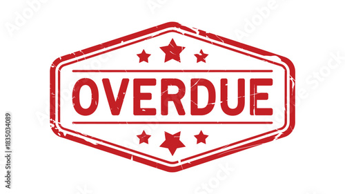 Red stamp seal with the word overdue and stars isolated on white background
