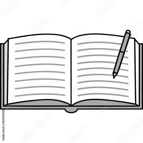 Open Book With Lined Pages And A Pen On The Right Side Against A Black Background Representing Education And Writing With A Simple Line Art Style