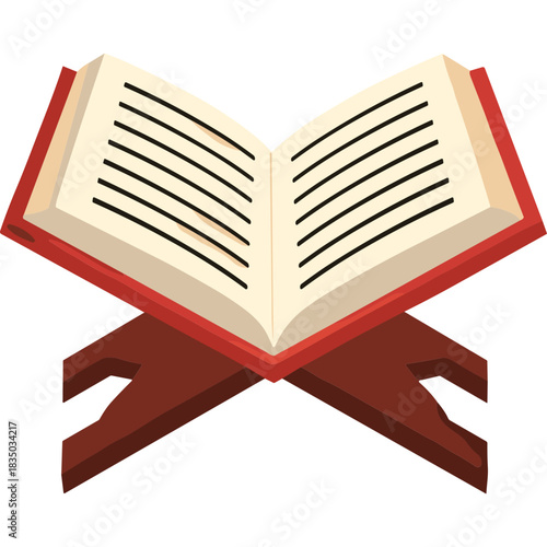 Open Religious Book With Red Cover And Stand On Wooden Surface Detailed Illustration