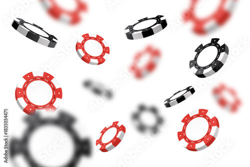 3d casino chips or flying realistic tokens for gambling, entertainment house volumetric blank or empty cash for roulette or poker, blackjack. Gamble and winner, risk and luck, vector illustration.