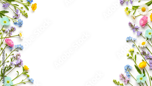 A beautiful frame of colorful spring wildflowers arranged on a clean white background with copy space.