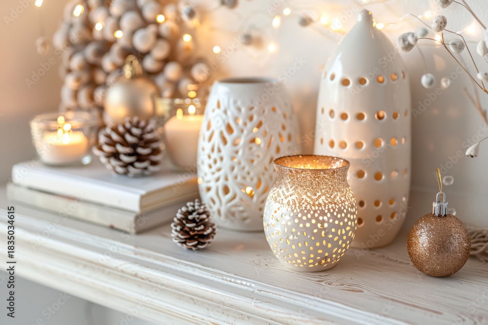 Obraz premium Cozy Christmas Candlelight with Festive Pinecones and Warm Decor