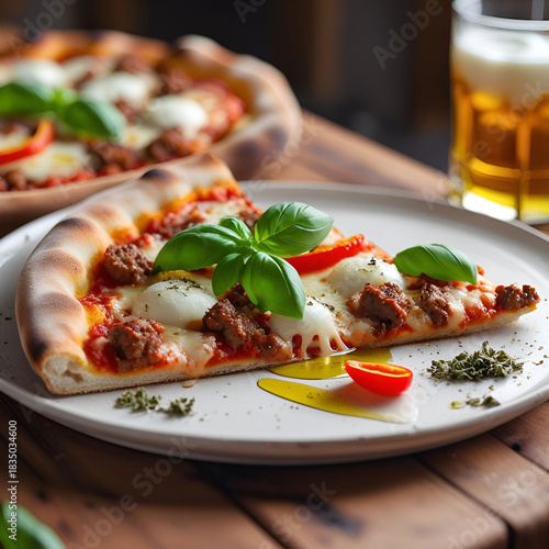 A slice of crispy pizza with meat and cheese