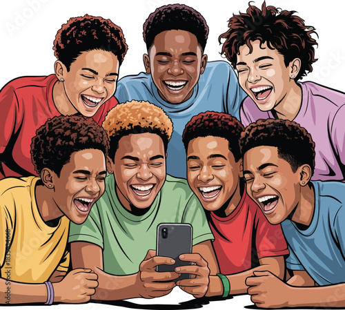 Diverse group of young black boys laughing together while looking at a smartphone