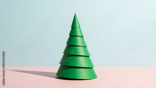 Whimsical green Christmas tree decoration casts a shadow, perfect for holiday greetings, modern design projects, and festive social media posts