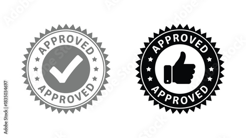 Two approved stamp icons one with checkmark and one with thumbs up symbol
