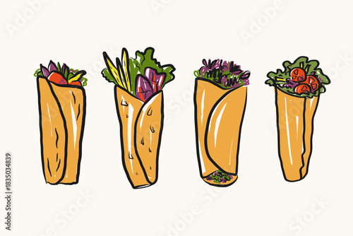 Shawarma Sandwich colored illustration on isolated background. Doodle with Traditional Fast Food, Falafel, Snack with meat, vegetable, vegetarian nutrition. Design for logo, menu, sign. Vector 