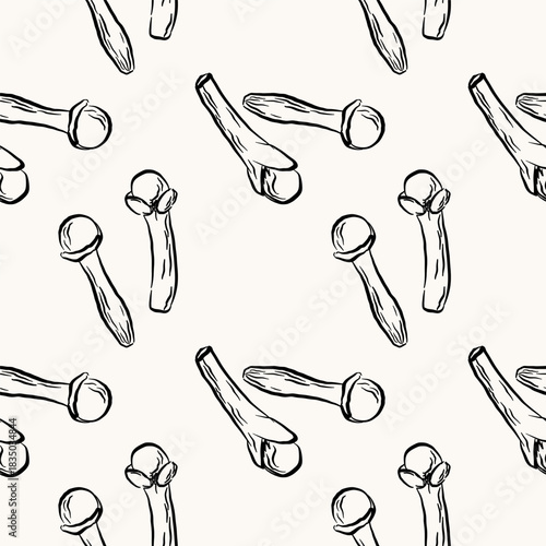 Carnation spice background. Seamless pattern with dried clove plant flowers. Botanical rapport of flavouring bud. Aromatic piquancy. Food ingredient. Aromatherapy and medical herb. Textured backdrop