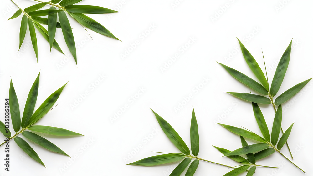 Fototapeta premium Close-up of vibrant green bamboo leaves against a clean white background, showcasing natural beauty.