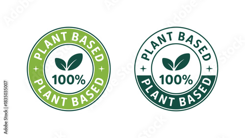 Two oval plant based 100 percent certified labels with green leaves and stars