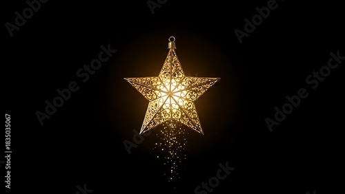 Golden star ornament with shimmering light particles for holiday magic, perfect for Christmas, New Year's Eve, and festive celebration designs