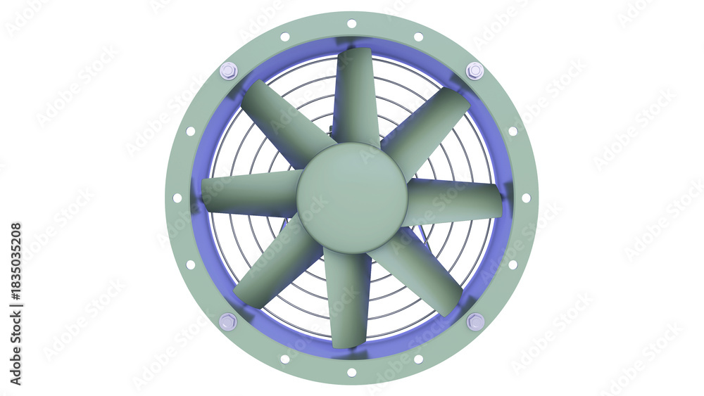 Obraz premium Industrial Fan for Cooling Machine - Fan with cover and electric motor. Front view. 3D rendering isolated on white background. Ideal for professionals, educational, engineering design
