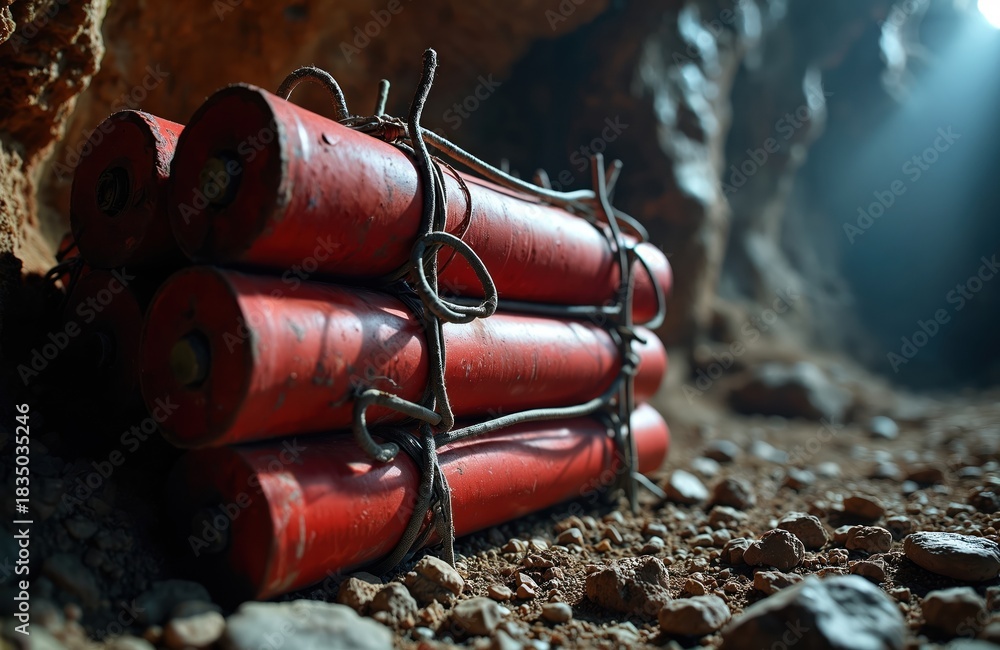 Fototapeta premium Red dynamite sticks bundled with wires, ready for use. Lay on rocky ground in dim underground mine cave. Light shines from above, creating dark, rugged scene for blasting operation. Shows danger.