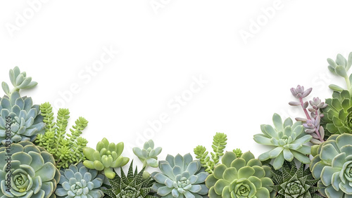 A beautiful border of various green and blue-green succulent plants arranged on a white background, creating a natural frame.