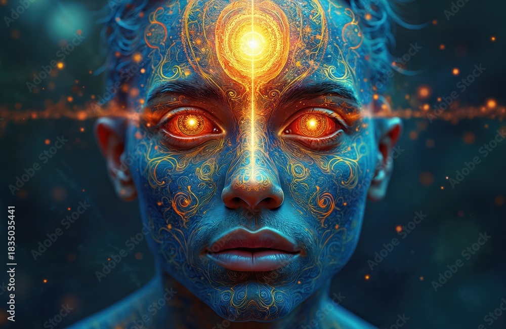 Fototapeta premium Human face with blue skin covered in golden ornate patterns. Glowing orange eyes emit light. Symbolizes inner consciousness, spiritual awakening, and cosmic connection through meditation.