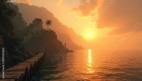 Island fort by sea at sunrise. Wooden pier leads to ancient tower on hill. Sun glows bright orange over water. Misty mountains surround tropical coast.