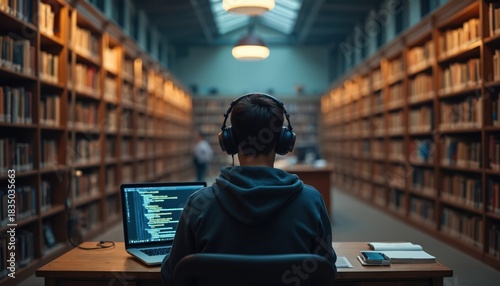 Wallpaper Mural Teenager with headphones works on laptop in library. Person studies books and uses computer for online class. Modern education with tech and knowledge in quiet study space. Torontodigital.ca