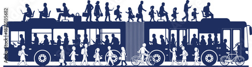 Dark blue silhouettes of people commuting on and around a bus transportation commute
