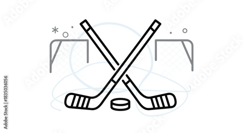 Minimalist line art icon of crossed hockey sticks and a puck in front of two goals, set against a simple white background.