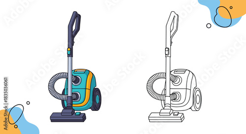 Modern upright vacuum cleaner shown in full color and as a black and white outline for a coloring page, isolated on white.