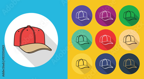 Red baseball cap illustration with a long shadow effect, shown alongside a set of colorful icon variations on a grid.