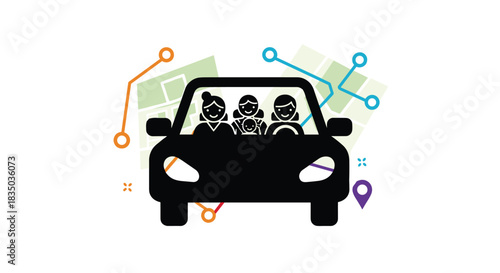 Silhouette of a family on a road trip in a car, with a stylized map and location pin in the background representing travel.