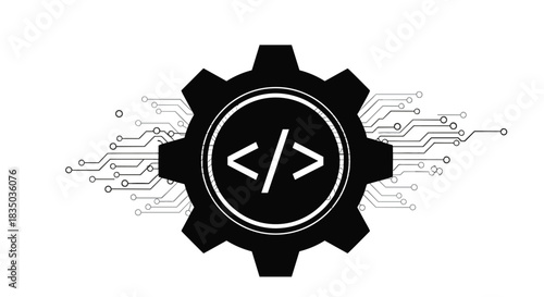Web development icon featuring code brackets inside a gear, with circuit board lines extending from the sides, symbolizing tech.