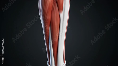 Anatomical illustration of the human knee joint with muscles and tendons displayed