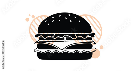 Black and white silhouette of a delicious cheeseburger with lettuce and tomato, set against a simple abstract background.