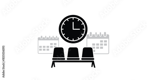 Waiting room concept icon with chairs, a clock, and calendars in the background, symbolizing appointments and waiting time.