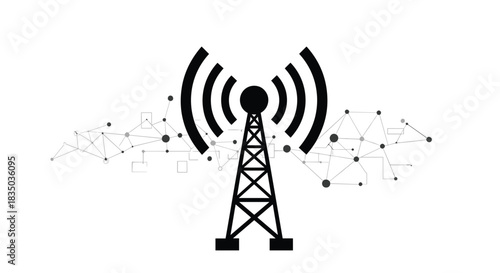 Telecommunication tower icon broadcasting a signal, with a network of connected nodes in the background representing connectivity.