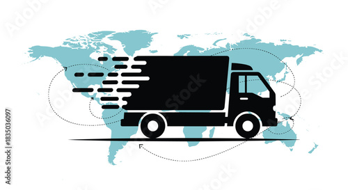 Fast delivery truck icon moving quickly across a world map background, symbolizing global shipping and logistics services.