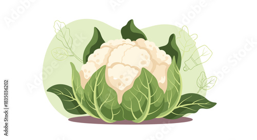 Illustration of a fresh head of cauliflower with large green leaves, set against a light green background with foliage outlines.