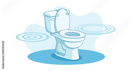 Clean white toilet with an open lid, illustrated in a simple cartoon style with blue water ripples in the background.